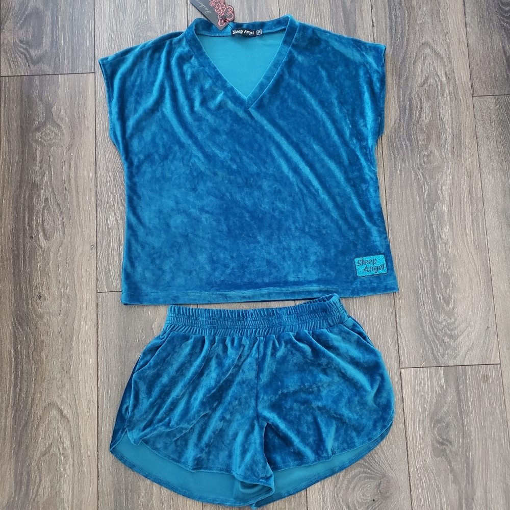 Velvet Sleepwear Shirt And Shorts Set Womens XL Turquoise Blue